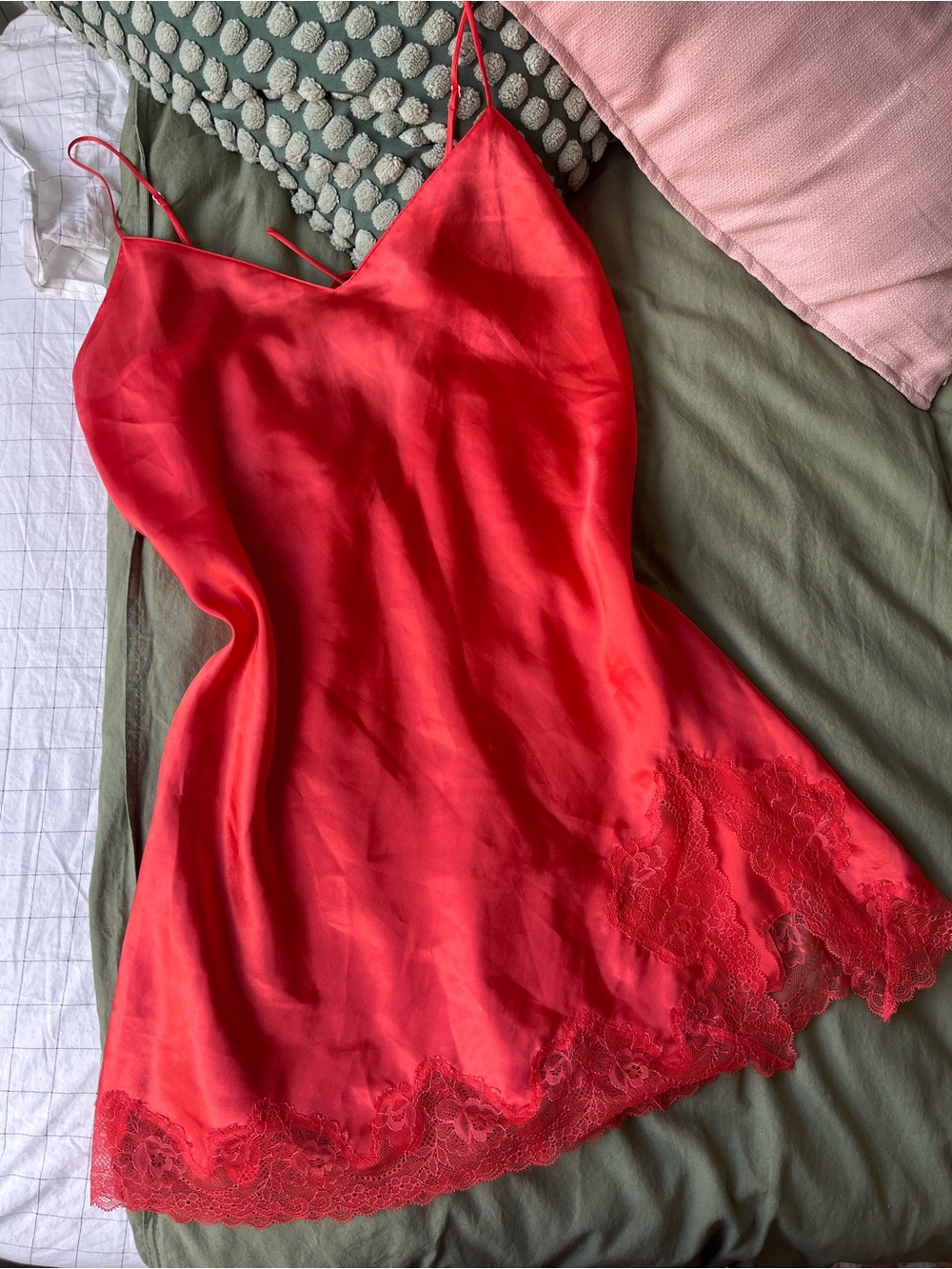 Coral Satin Slip Dress with Lace Trim